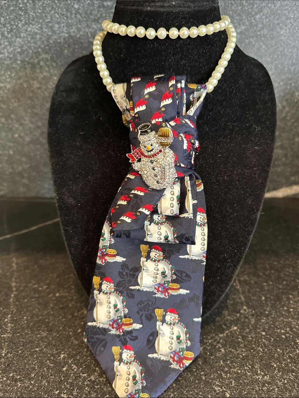 Navy Snowman Holiday Tie with Rhinestone Brooch on Faux Pearl Necklace
